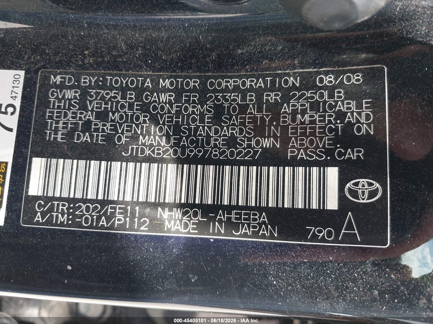 2009 Toyota Prius VIN JTDKB20U997820227 IAAI salvage auction — RIGHT REAR, Original (Texas), sold $500 on 2026-07-15 (photo 9)