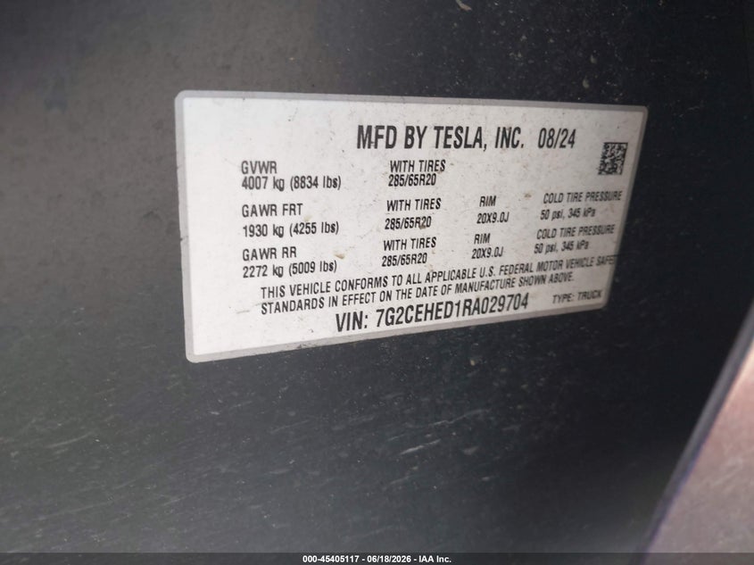 2024 Tesla Cybertruck VIN 7G2CEHED1RA029704 IAAI salvage auction — FRONT END, Salvage Title, sold $15,100 on 2026-07-30 (photo 9)