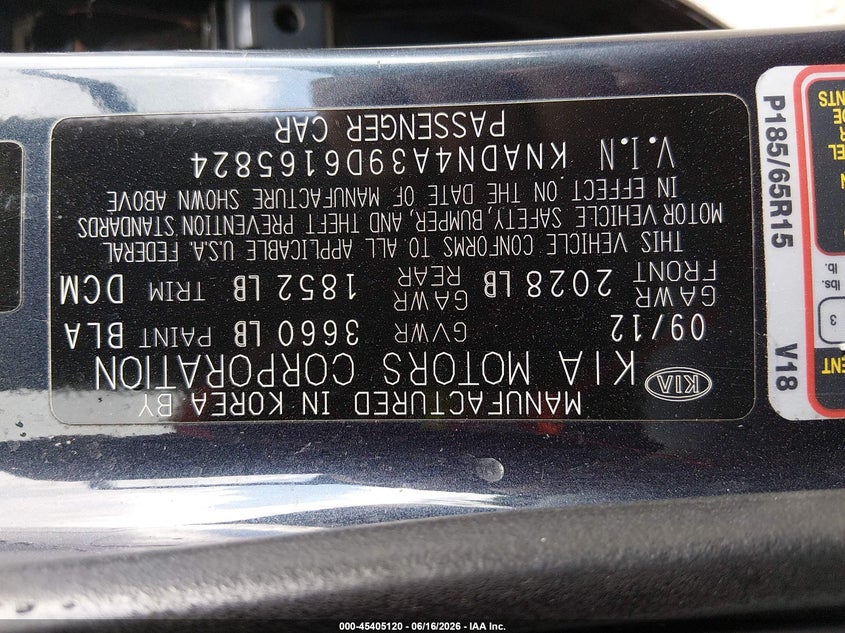2013 Kia Rio VIN KNADN4A39D6165824 IAAI salvage auction — RIGHT FRONT, Salvage (Idaho), sold $600 on 2026-07-13 (photo 9)