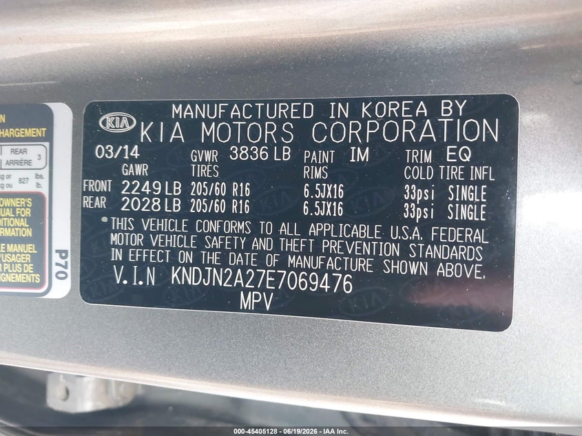 2014 Kia Soul VIN KNDJN2A27E7069476 IAAI salvage auction — ENGINE BURN, Salvage (North Carolina), sold $25 on 2026-07-24 (photo 9)