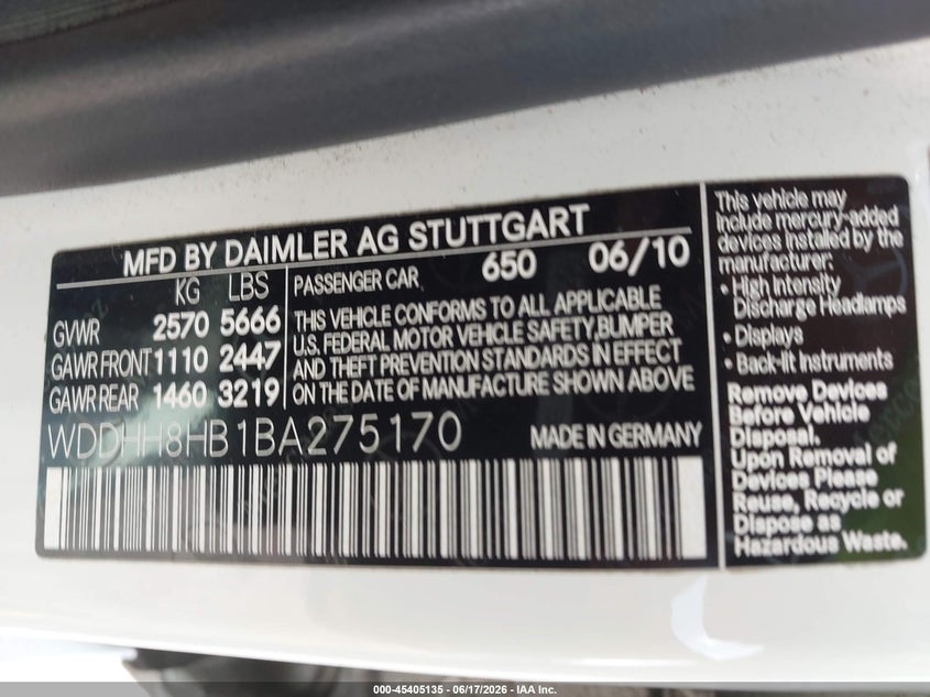 2011 Mercedes-benz E-klasse VIN WDDHH8HB1BA275170 IAAI salvage auction — FRONT END, Rebuildable (Florida), sold $2,950 on 2026-07-06 (photo 9)