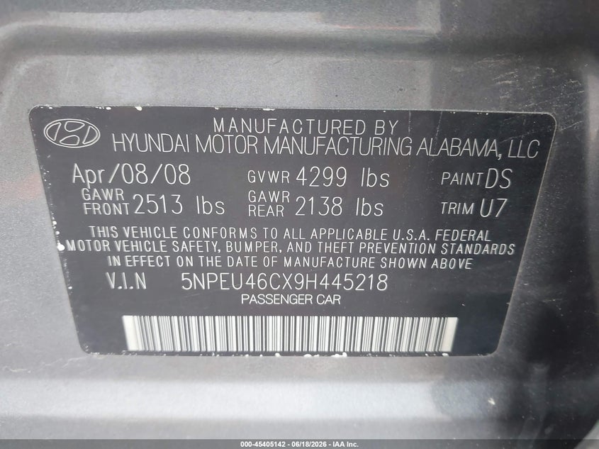 2009 Hyundai Sonata VIN 5NPEU46CX9H445218 IAAI salvage auction — HAIL, Salvage (Ohio), sold $350 on 2026-07-06 (photo 9)
