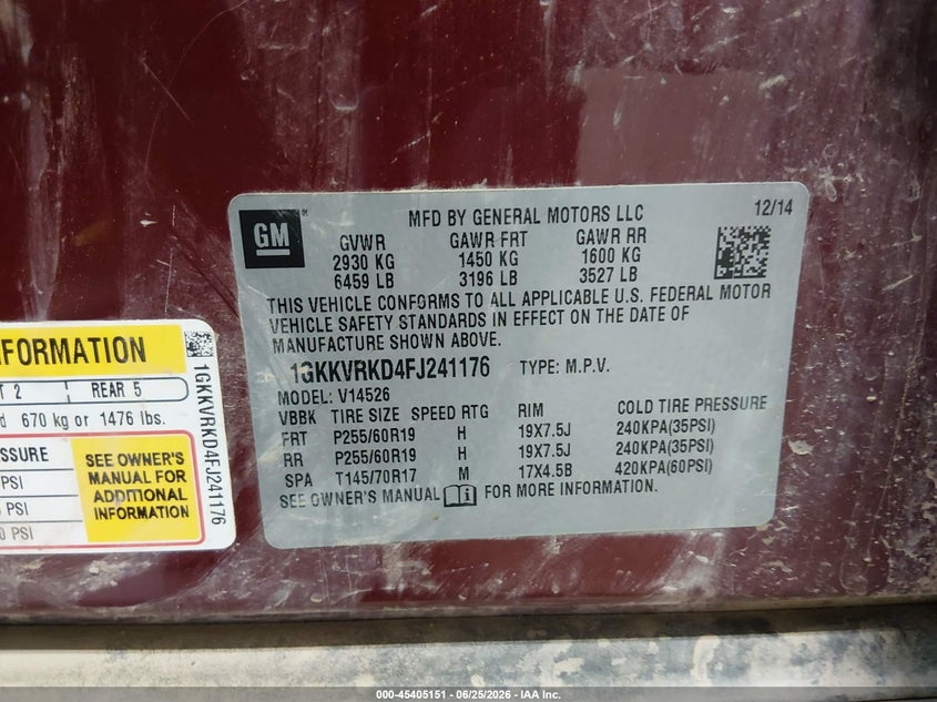 2015 Gmc Acadia VIN 1GKKVRKD4FJ241176 IAAI salvage auction — ROOF, Salvage (North Dakota), sold $600 on 2026-07-18 (photo 9)