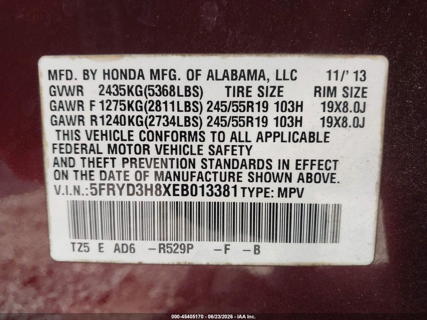 2014 Acura Mdx VIN 5FRYD3H8XEB013381 IAAI salvage auction — NORMAL WEAR, Clear (Florida), sold $3,200 on 2026-07-09 (photo 9)