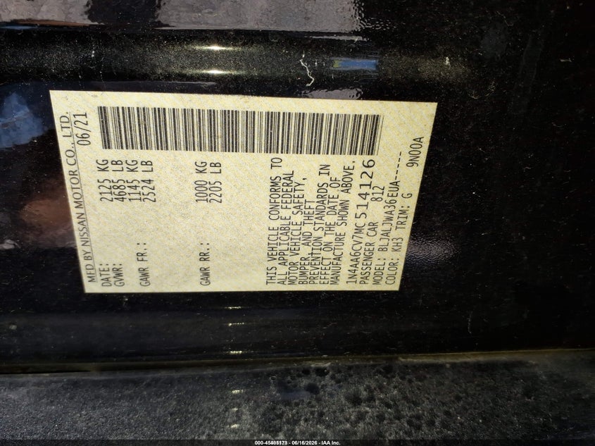 2021 Nissan Maxima VIN 1N4AA6CV7MC514126 IAAI salvage auction — NORMAL WEAR, Sf97 (North Carolina), sold $13,500 on 2026-08-10 (photo 9)