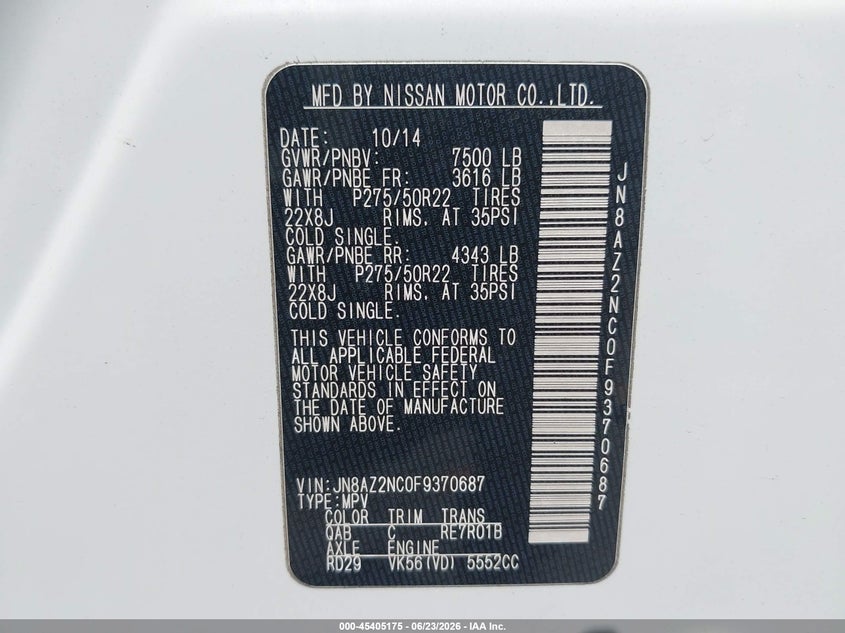 2015 Infiniti Qx80 VIN JN8AZ2NC0F9370687 IAAI salvage auction — REAR END, Rebuildable (Florida), sold $4,550 on 2026-07-29 (photo 9)