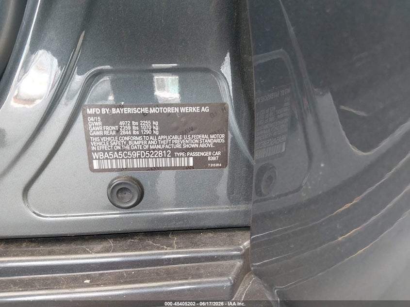 2015 BMW VIN WBA5A5C59FD522812 IAAI salvage auction — REAR END, Rebuildable (Florida), sold $2,100 on 2026-07-22 (photo 9)