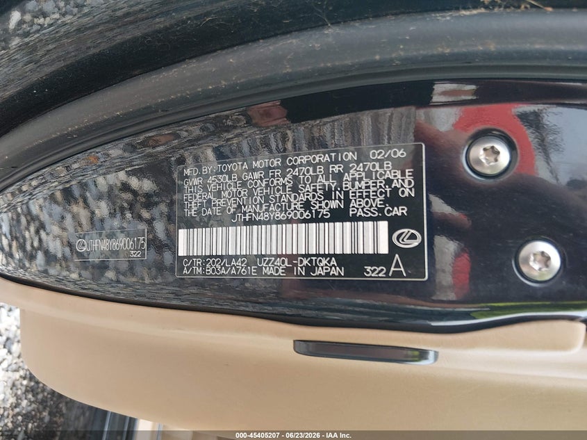 2006 Lexus Sc 430 VIN JTHFN48Y869006175 IAAI salvage auction — HAIL, Clear (Arkansas), sold $4,500 on 2026-07-23 (photo 9)