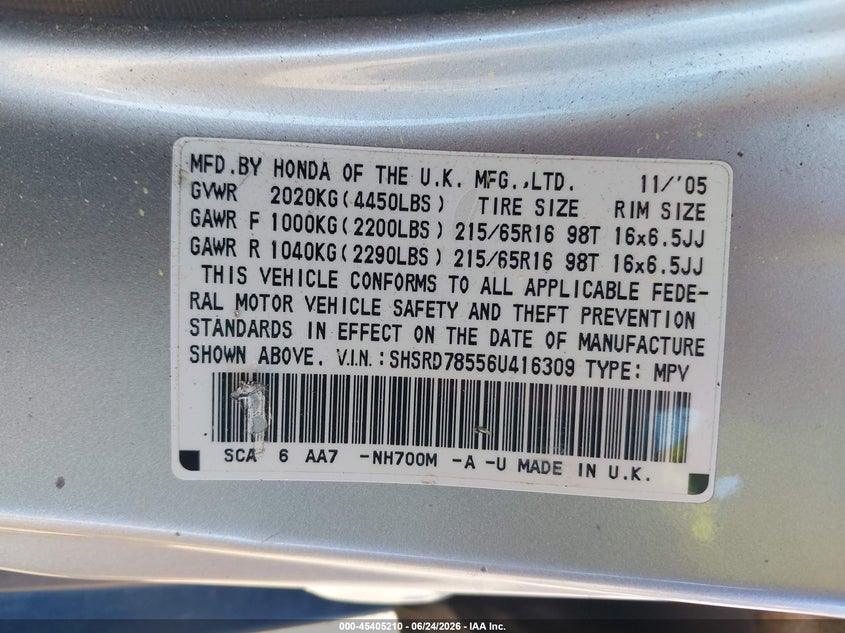 2006 Honda Cr-v VIN SHSRD78556U416309 IAAI salvage auction — REAR END, Clear (Massachusetts), sold $1,650 on 2026-07-17 (photo 9)