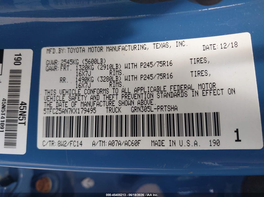2019 Toyota Tacoma VIN 5TFCZ5AN7KX179495 IAAI salvage auction — ROOF, Salvage (Pennsylvania), sold $11,200 on 2026-07-08 (photo 9)