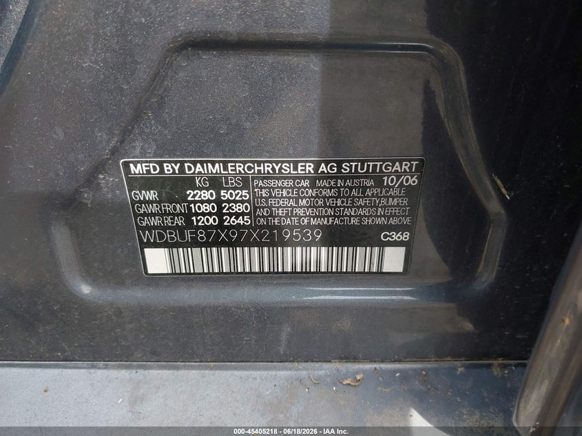 2007 Mercedes-benz E-klasse VIN WDBUF87X97X219539 IAAI salvage auction — ROOF, Salvage (Ohio), sold $650 on 2026-07-08 (photo 9)