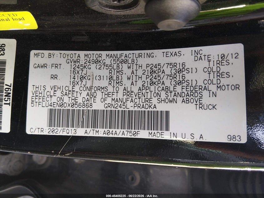 2013 Toyota Tacoma VIN 5TFLU4EN0DX056868 IAAI salvage auction — ROLLOVER, Salvage Title, sold $2,400 on 2026-07-29 (photo 9)