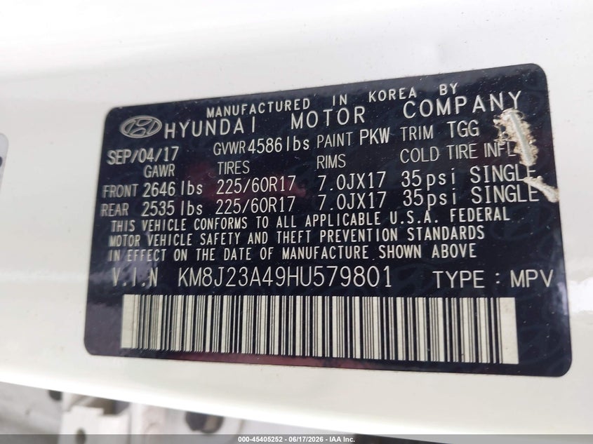2017 Hyundai Tucson VIN KM8J23A49HU579801 IAAI salvage auction — REAR END, Salvage (Mississippi), sold $1,900 on 2026-07-24 (photo 9)