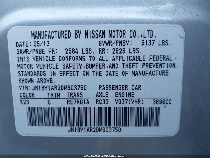 2013 Infiniti M VIN JN1BY1AR2DM603750 IAAI salvage auction — FRONT END, Clear (Michigan), sold $1,175 on 2026-07-20 (photo 9)