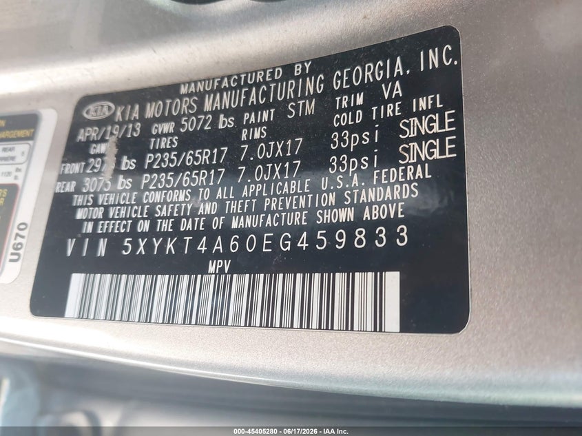 2014 Kia Sorento VIN 5XYKT4A60EG459833 IAAI salvage auction — RIGHT FRONT, Salvage Title, sold $550 on 2026-07-29 (photo 9)