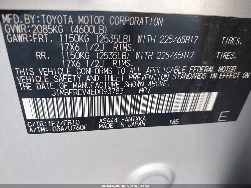 2014 Toyota Rav 4 VIN JTMBFREV4ED093783 IAAI salvage auction — LEFT FRONT, Clear (Virginia), sold $4,000 on 2026-07-13 (photo 9)