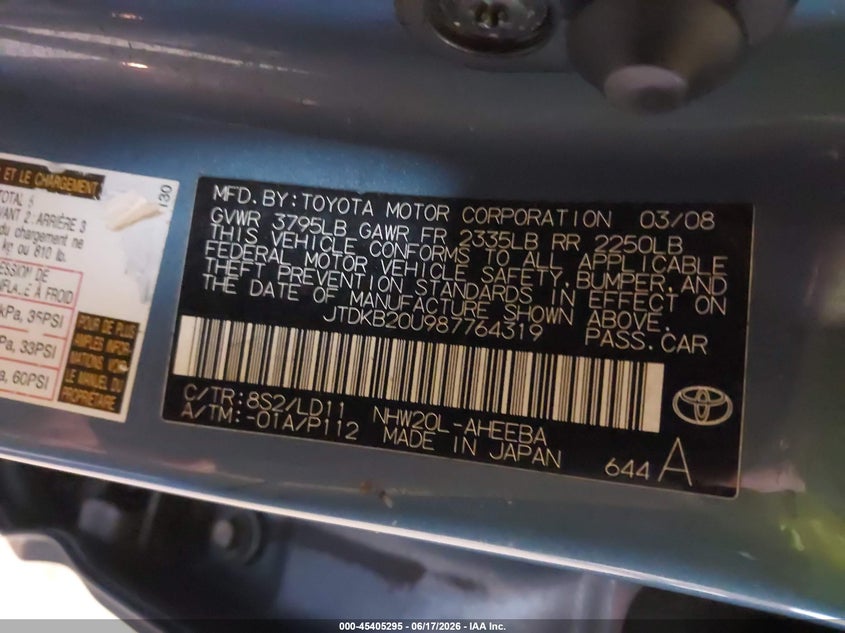 2008 Toyota Prius VIN JTDKB20U987764319 IAAI salvage auction — NORMAL WEAR, Clear (Illinois), sold $425 on 2026-07-13 (photo 9)