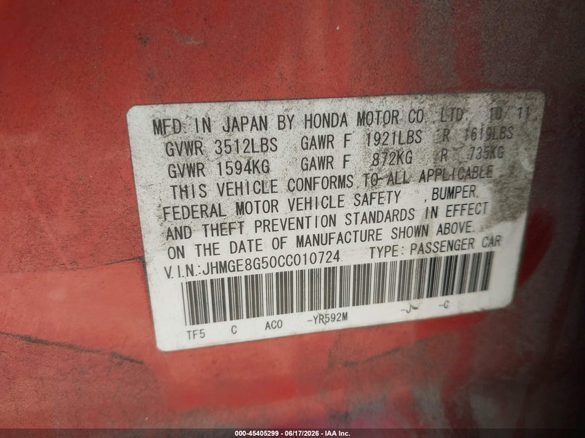 2012 Honda Fit VIN JHMGE8G50CC010724 IAAI salvage auction — FRONT END, Salvage (Virginia), sold $1,900 on 2026-07-13 (photo 9)