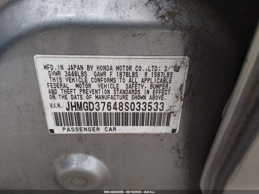 2008 Honda Fit VIN JHMGD37648S033533 IAAI salvage auction — REAR END, Salvage (Tennessee), sold $25 on 2026-07-29 (photo 9)