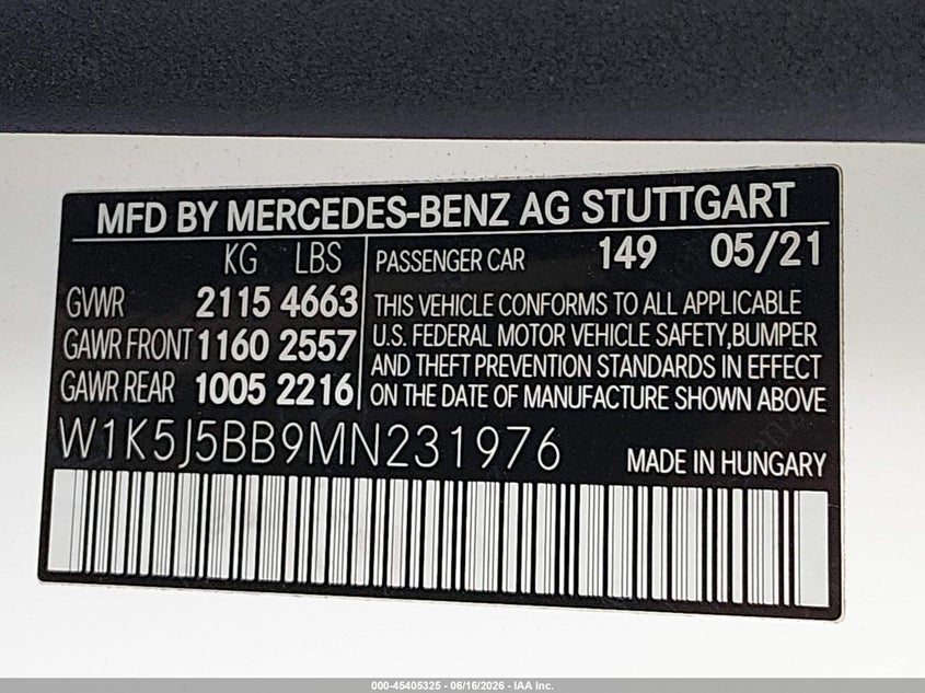2021 Mercedes-benz VIN W1K5J5BB9MN231976 IAAI salvage auction — REAR END, Salvage Title, sold $12,700 on 2026-07-18 (photo 9)