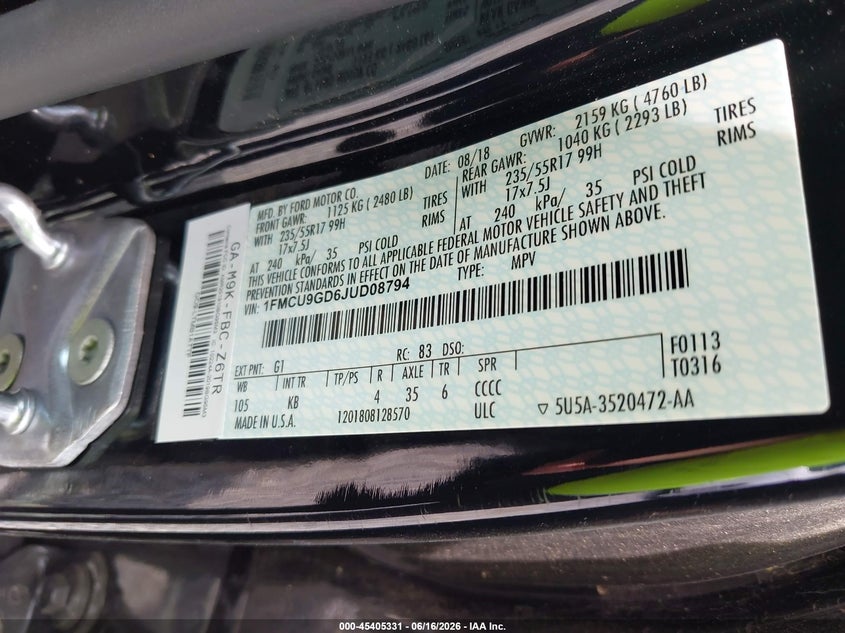2018 Ford Escape VIN 1FMCU9GD6JUD08794 IAAI salvage auction — NORMAL WEAR, SF97 (Virginia), sold $8,925 on 2026-07-22 (photo 9)