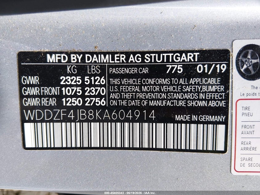 2019 Mercedes-benz E-klasse VIN WDDZF4JB8KA604914 IAAI salvage auction — FRONT END, Salvage Title, sold $6,400 on 2026-08-06 (photo 9)