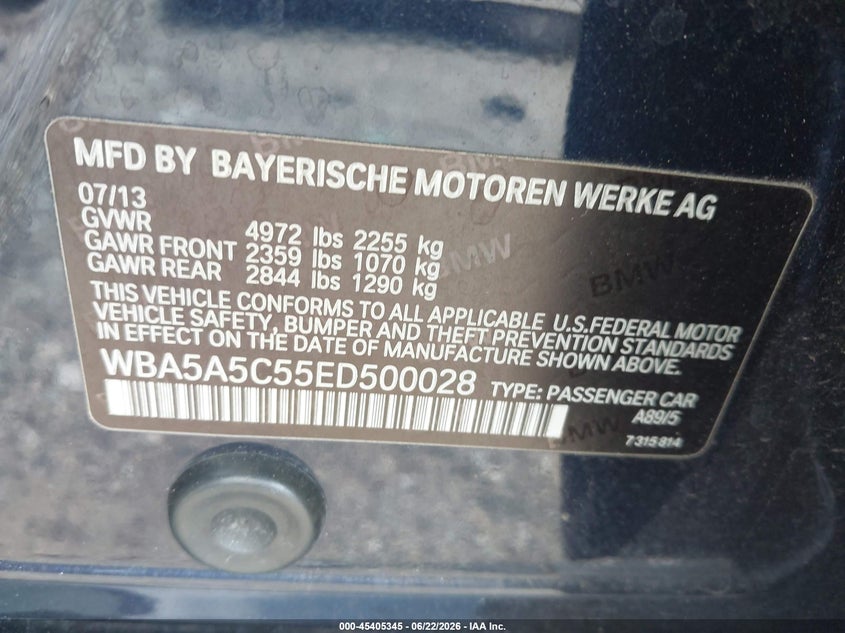 2014 BMW VIN WBA5A5C55ED500028 IAAI salvage auction — RIGHT FRONT, Salvage (Georgia), sold $2,550 on 2026-07-18 (photo 9)