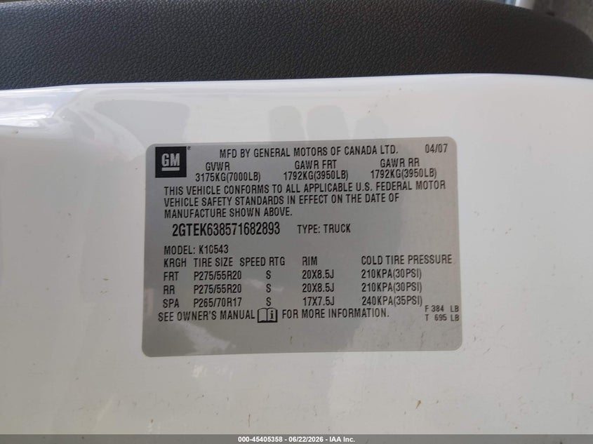 2007 Gmc Sierra 1500 VIN 2GTEK638571682893 IAAI salvage auction — HAIL, Salvage (North Dakota), sold $2,850 on 2026-07-29 (photo 9)