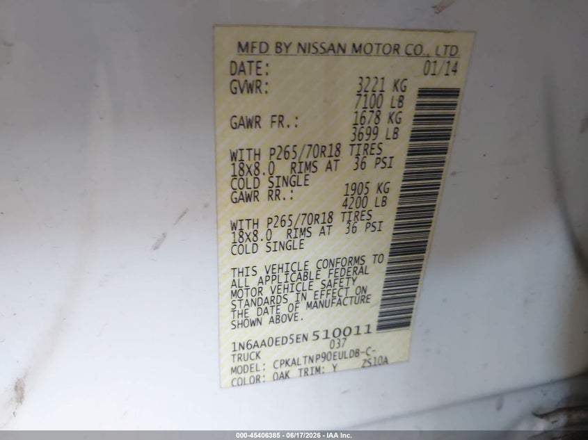 2014 Nissan TITAN VIN 1N6AA0ED5EN510011 IAAI salvage auction — FRONT END, Clear (Arizona), sold $1,825 on 2026-07-19 (photo 8)