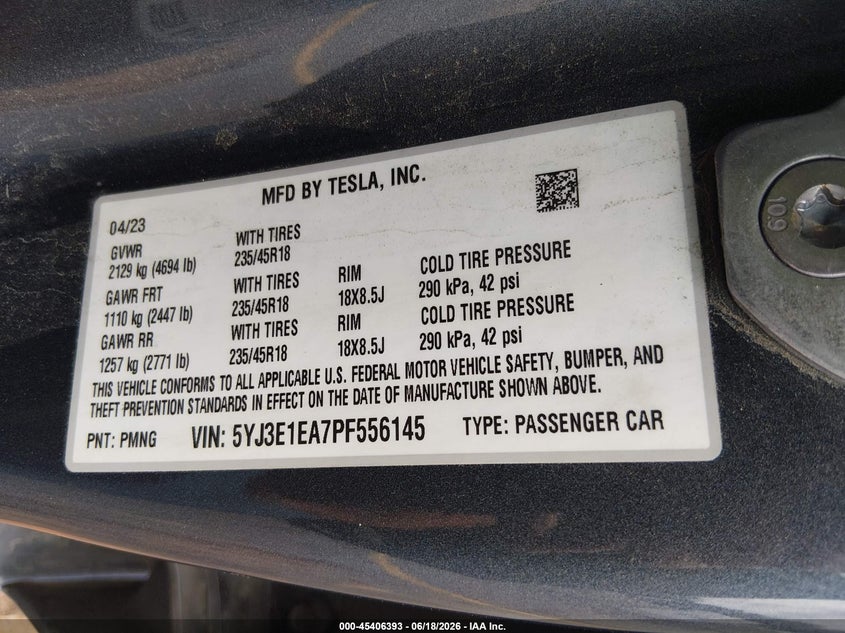 2023 Tesla Model 3 VIN 5YJ3E1EA7PF556145 IAAI salvage auction — LEFT FRONT, Clear (South Carolina), sold $10,000 on 2026-07-29 (photo 9)
