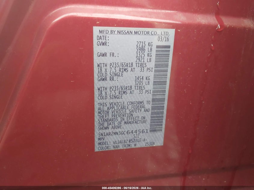 2016 Nissan Pathfinder VIN 5N1AR2MN3GC644561 IAAI salvage auction — FRONT END, Salvage (Alabama), sold $300 on 2026-07-10 (photo 9)
