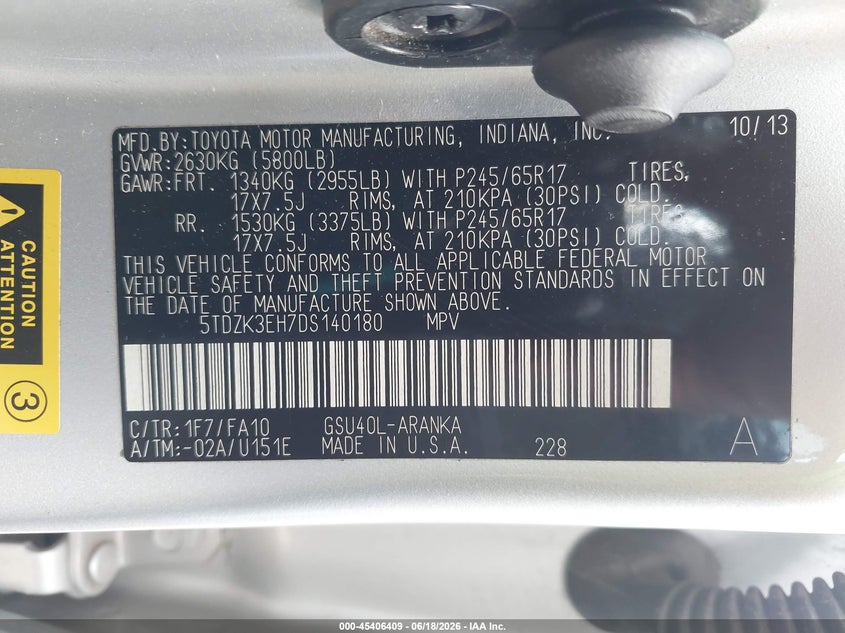 2013 Toyota Highlander VIN 5TDZK3EH7DS140180 IAAI salvage auction — FRONT END, Original (Texas), sold $1,150 on 2026-07-18 (photo 9)