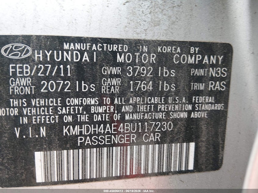 2011 Hyundai Elantra VIN KMHDH4AE4BU117230 IAAI salvage auction — REAR END, Salvage (New Jersey), sold $375 on 2026-07-28 (photo 9)