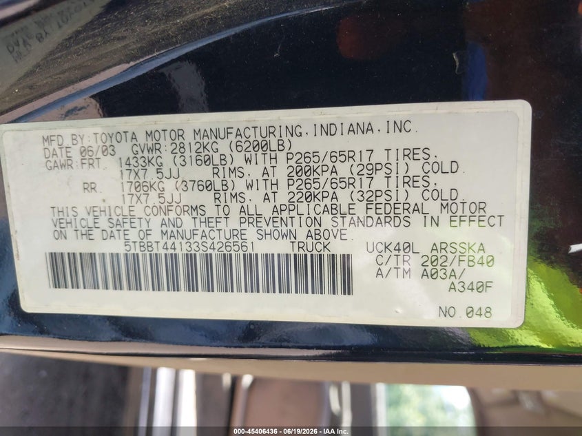 2003 Toyota Tundra VIN 5TBBT44133S426561 IAAI salvage auction — NORMAL WEAR, Clear (Indiana), sold $1,550 on 2026-07-15 (photo 9)