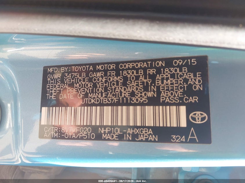 2015 Toyota Prius c VIN JTDKDTB37F1113095 IAAI salvage auction — REAR END, Salvage Title, sold $1,500 on 2026-07-30 (photo 9)