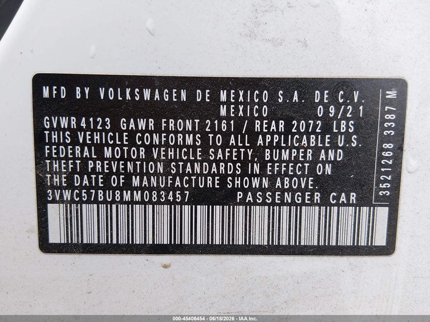 2021 Volkswagen Jetta VIN 3VWC57BU8MM083457 IAAI salvage auction — FRESH WATER, Salvage Title, sold $3,875 on 2026-09-11 (photo 9)