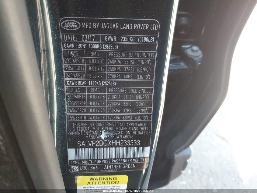 2017 Land rover Range rover evoque VIN SALVP2BGXHH233333 IAAI salvage auction — RIGHT FRONT, Salvage Title, sold $3,650 on 2026-07-11 (photo 9)