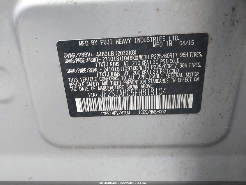 2015 Subaru Forester VIN JF2SJAHC5FH818104 IAAI salvage auction — NORMAL WEAR, Clear (Pennsylvania), sold $1,225 on 2026-07-21 (photo 9)