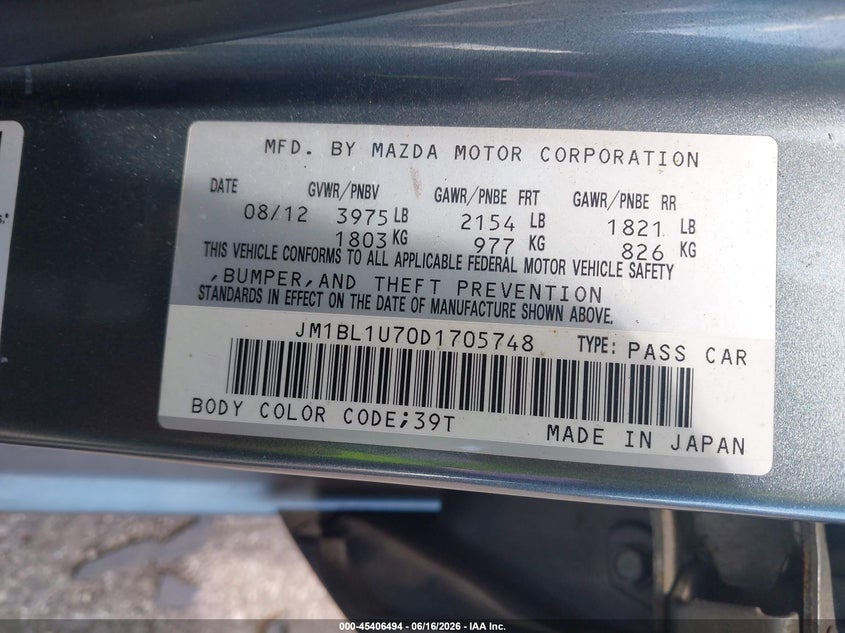2013 Mazda 3 VIN JM1BL1U70D1705748 IAAI salvage auction — NORMAL WEAR, Clear (Florida), sold $625 on 2026-07-06 (photo 9)