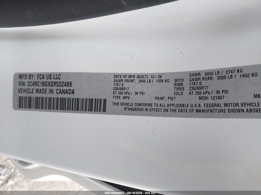 2025 Chrysler Pacifica VIN 2C4RC1BGXSR532489 IAAI salvage auction — FRONT END, Salvage Title, sold $7,900 on 2026-07-29 (photo 9)
