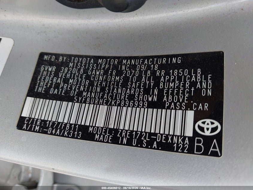 2019 Toyota Corolla VIN 5YFBURHE7KP896999 IAAI salvage auction — FRONT END, Salvage (Indiana), sold $2,250 on 2026-07-29 (photo 9)