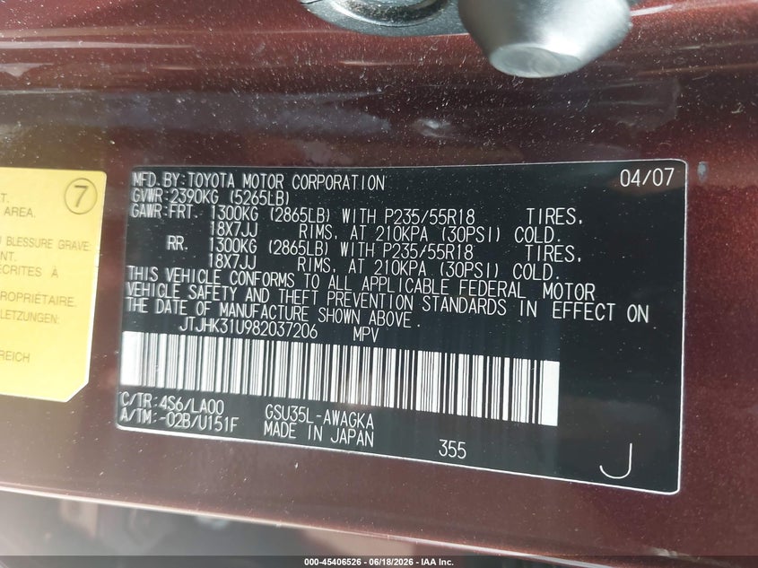 2008 Lexus Rx 350 VIN JTJHK31U982037206 IAAI salvage auction — FRONT END, Salvage - Greater Than 75% (Maryland), sold $1,600 on 2026-07-15 (photo 9)