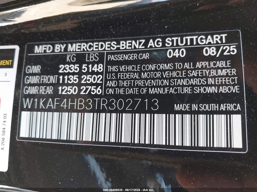 2026 Mercedes-benz VIN W1KAF4HB3TR302713 IAAI salvage auction — RIGHT SIDE, Salvage Title, sold $21,600 on 2026-07-27 (photo 9)