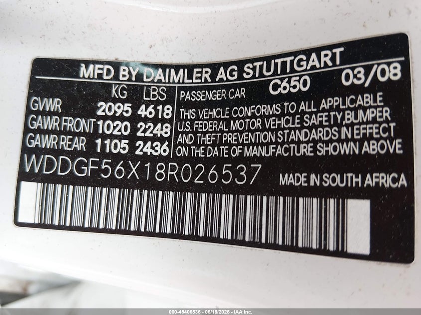 2008 Mercedes-benz C class VIN WDDGF56X18R026537 IAAI salvage auction — REAR END, Salvage (Mississippi), sold $350 on 2026-07-29 (photo 9)