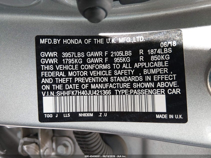 2018 Honda Civic VIN SHHFK7H40JU421366 IAAI salvage auction — RIGHT SIDE, Salvage (Pennsylvania), sold $4,500 on 2026-07-28 (photo 9)