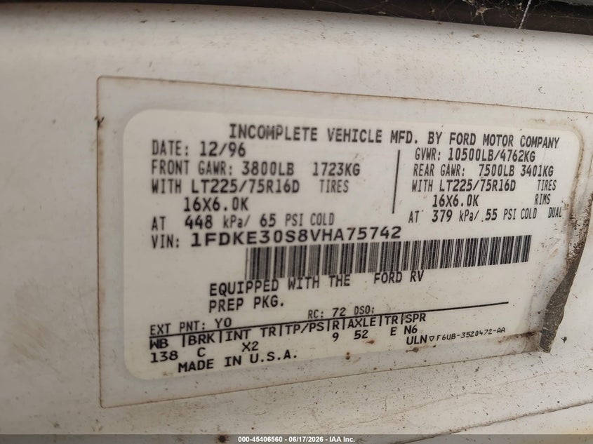 1997 Ford Econoline e350 VIN 1FDKE30S8VHA75742 IAAI salvage auction — ROOF, Clear (Florida), sold $550 on 2026-07-09 (photo 9)
