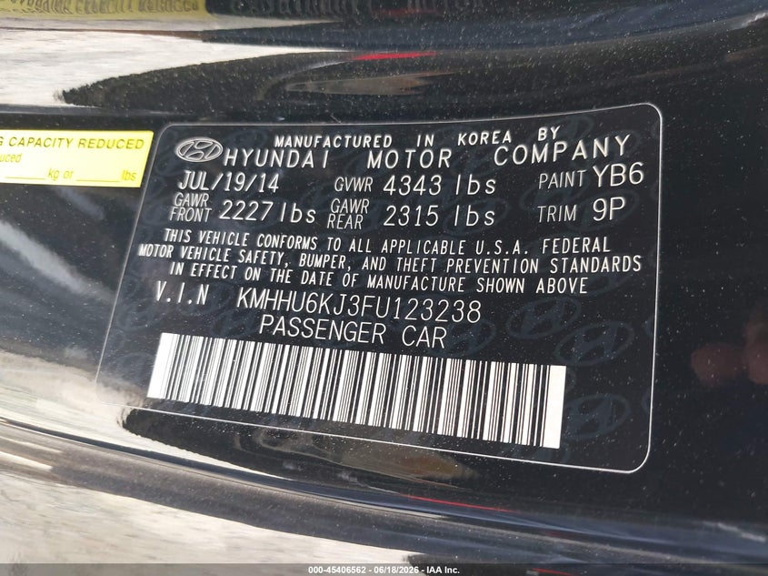2015 Hyundai Genesis VIN KMHHU6KJ3FU123238 IAAI salvage auction — UNKNOWN, Salvage Title, sold $2,550 on 2026-07-24 (photo 9)