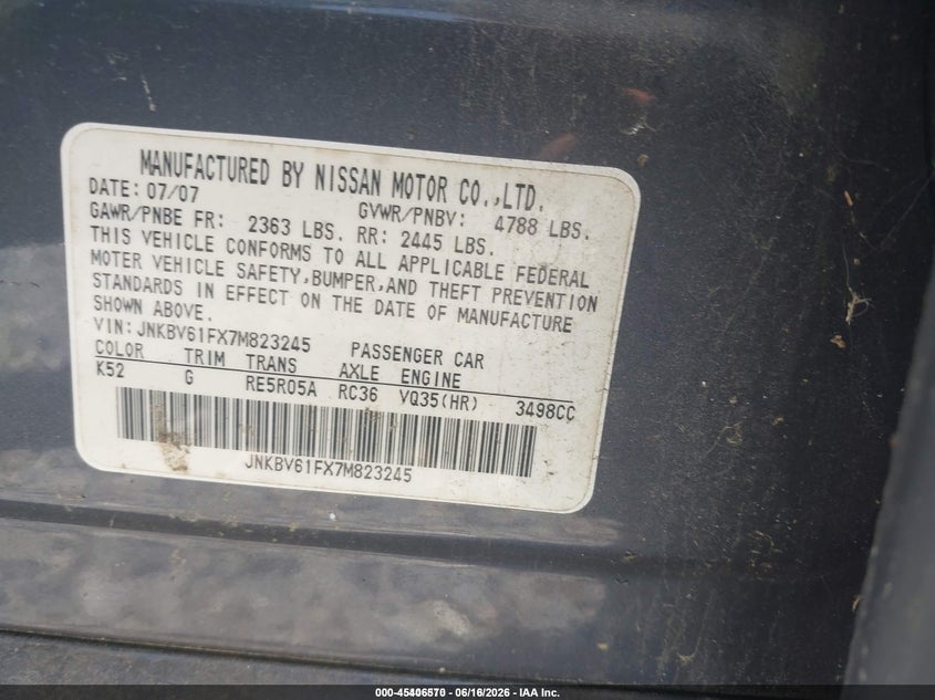 2007 Infiniti G35 VIN JNKBV61FX7M823245 IAAI salvage auction — BIO HAZARD, Clear (Georgia), sold $150 on 2026-07-29 (photo 9)