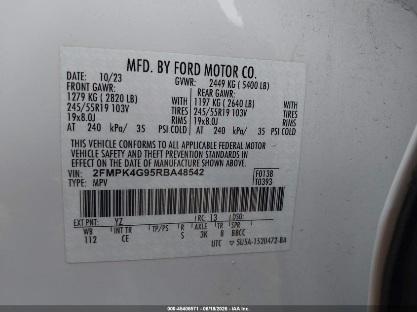 2024 Ford Edge VIN 2FMPK4G95RBA48542 IAAI salvage auction — REAR END, Wait Title, sold $9,800 on 2026-08-18 (photo 9)