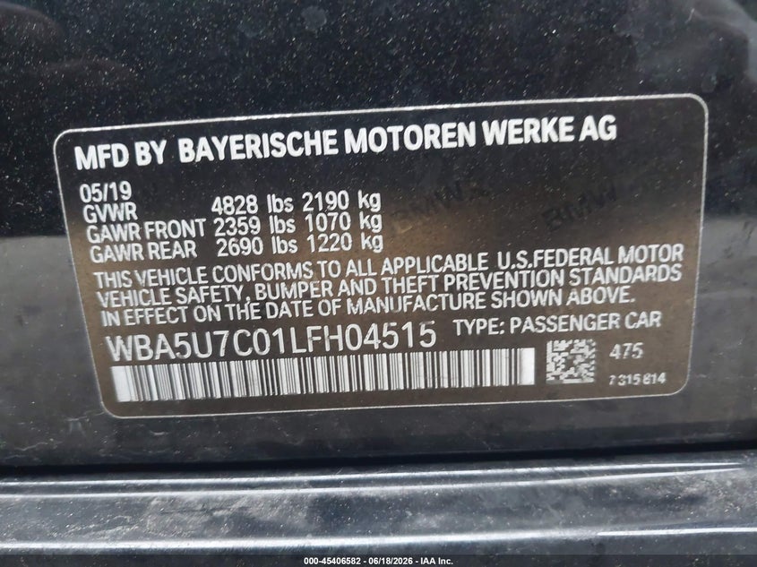 2020 BMW 3er VIN WBA5U7C01LFH04515 IAAI salvage auction — RIGHT FRONT, Wait Title, sold $13,900 on 2026-08-25 (photo 9)